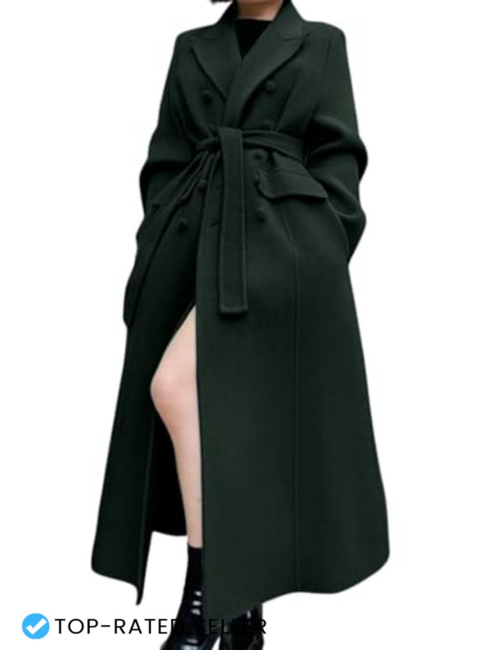 Wool Blend Pea Coat Double Breasted Belted Long Overcoat